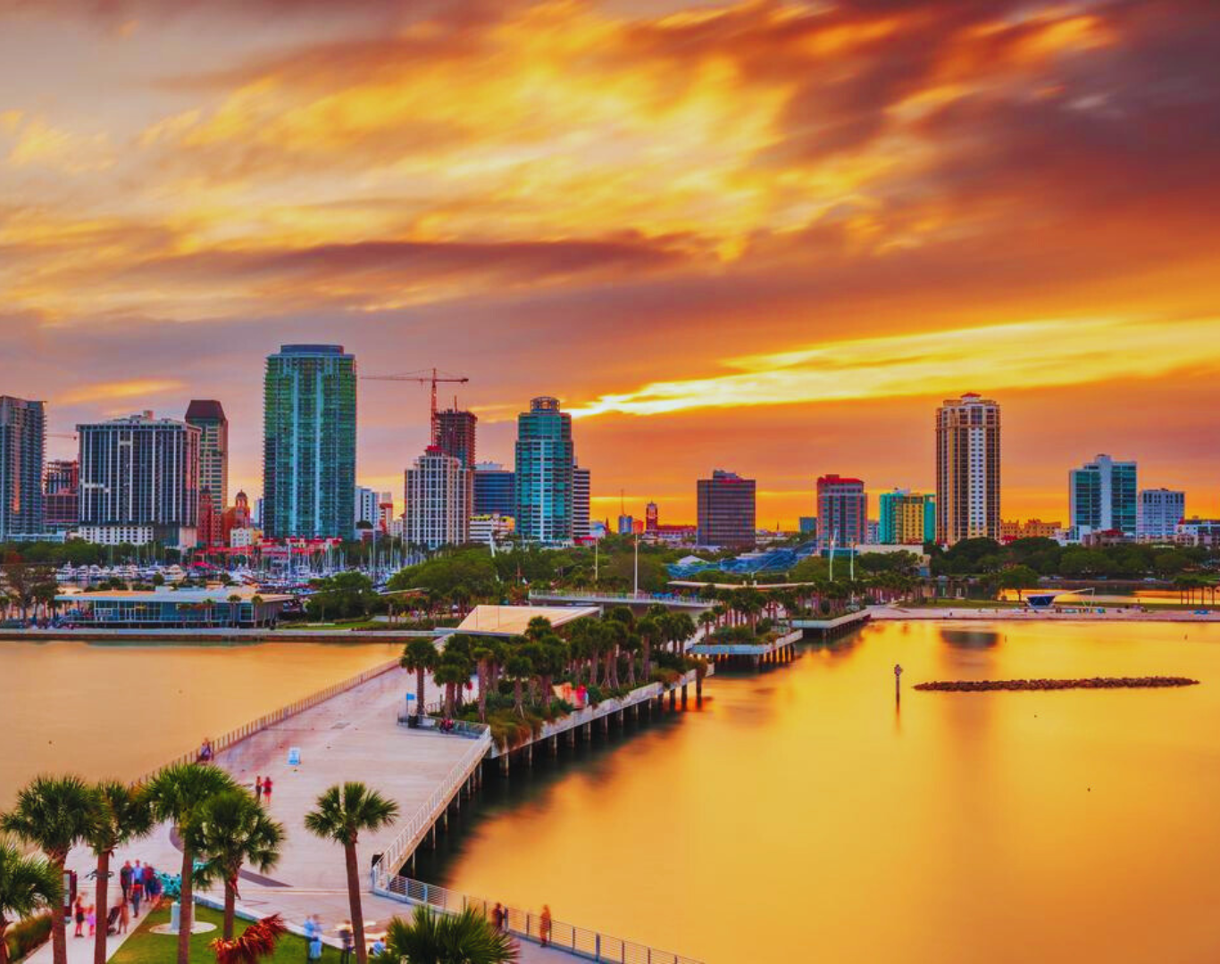 Downtown city skyline on the bay at dusk, St Petersburg, FL