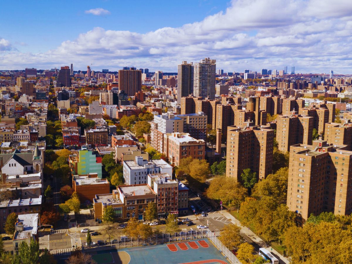 Aerial view over the far north on Manhattan Island, Harlem, NY
